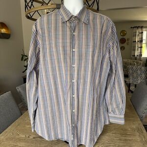 Peter Millar Mens XL Button Down Shirt Cotton Long Sleeve Check Blue Brown White